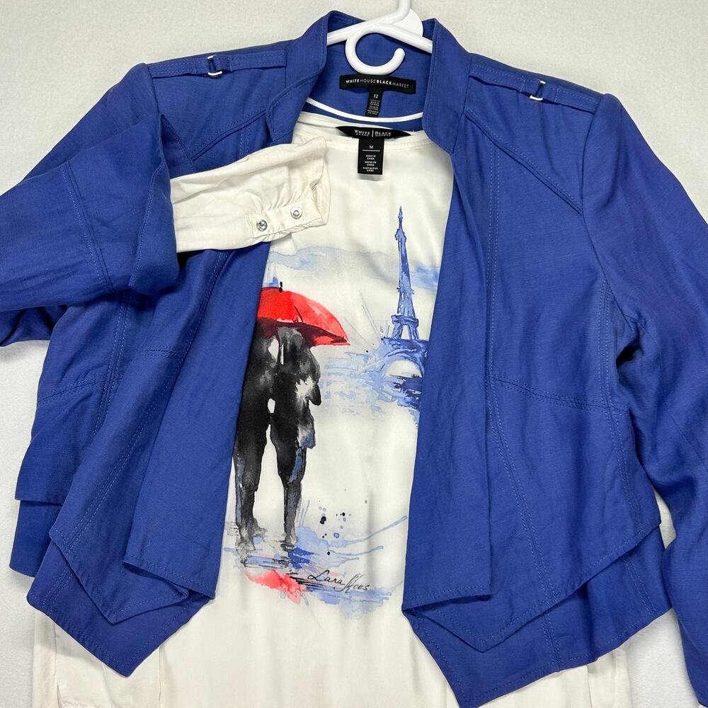 Lot of 2 WHBM TOP Artsy Paris White + BOLERO BLAZER Linen Blend Blue 3/4 Sleeve